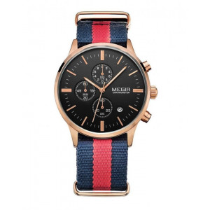 Megir Rose Gold Sport Quartz Watch With Blue-Red Canvas Strap and Black Dial