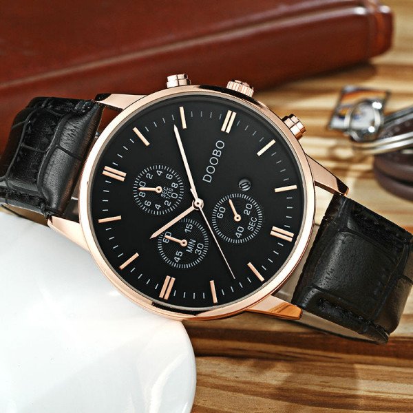 Doobo Men's Leather  Quartz-Watch With Date 