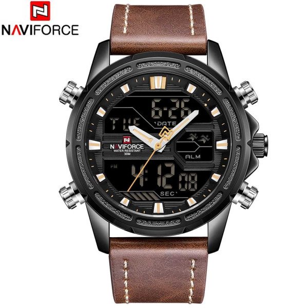 NAVIFORCE 9138 Male Quartz LCD Digital Watch Calendar Leather Band Wristwatch