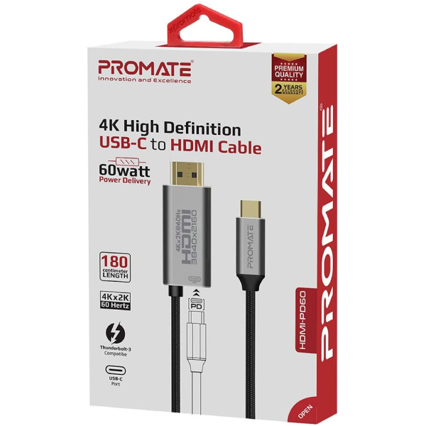 Promate USB-C to HDMI Cable, Premium USB Type-C to 4K 60Hz HDMI Cable Adapter