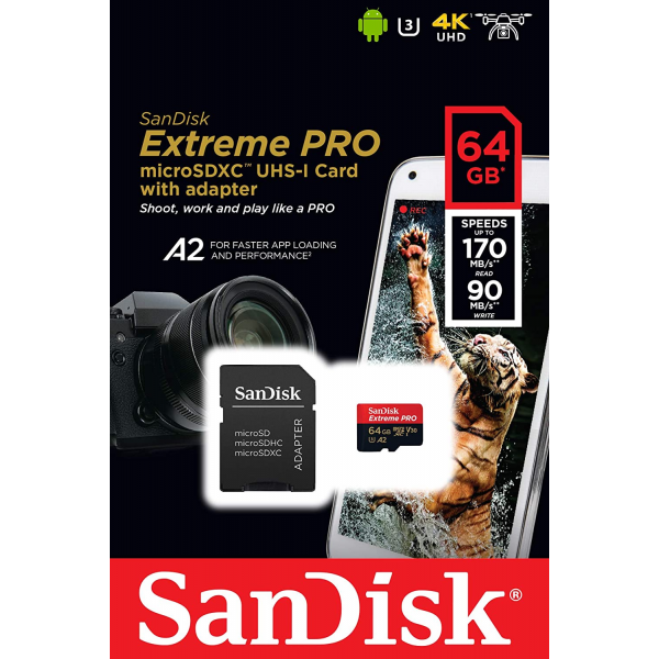 SanDisk Extreme PRO 64 GB microSDXC Memory Card + SD Adapter 