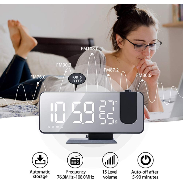 Projection LED Digital Alarm Clock with Temperature & FM Radio Clock 