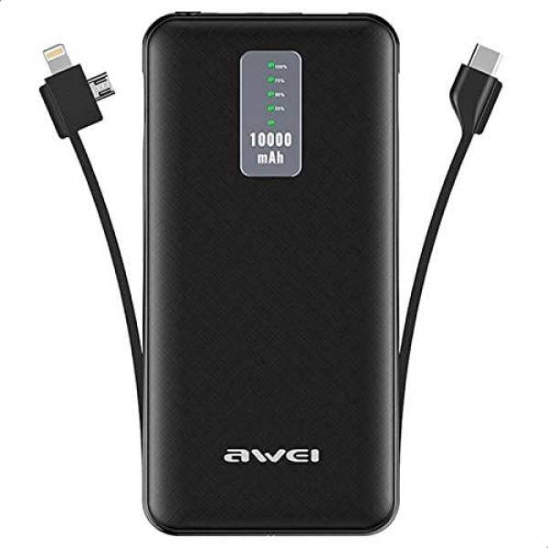 Awei P11K Wired Power Bank Built-in Charging Cables, 10000 mAh - Black