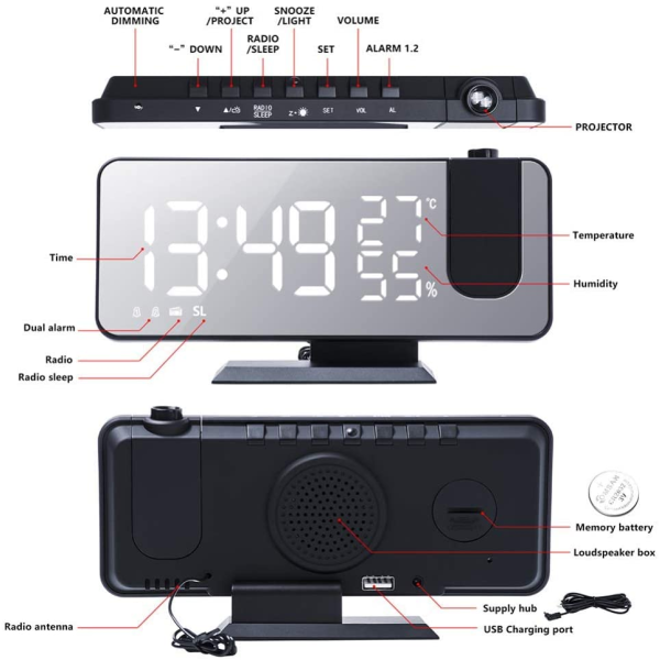 Projection LED Digital Alarm Clock with Temperature & FM Radio Clock 