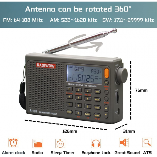 RADIWOW R-108 AM/FM Full Band Portable Radio with Sleep Timer Alarm Clock