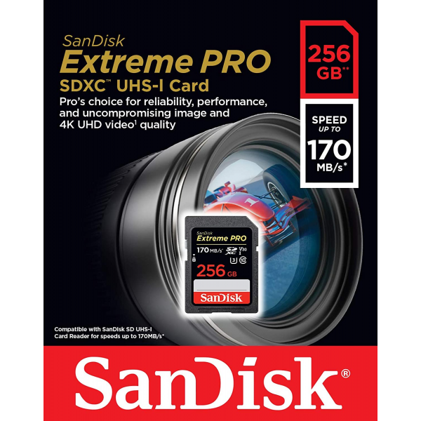 Sandisk 256GB Extreme Pro SDXC Card 170 Mb/s V30 UHS-I U3 Camera Memory Card
