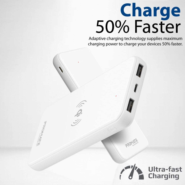 Promate Qi Wireless Charger Power Bank, Portable 10000mAh 