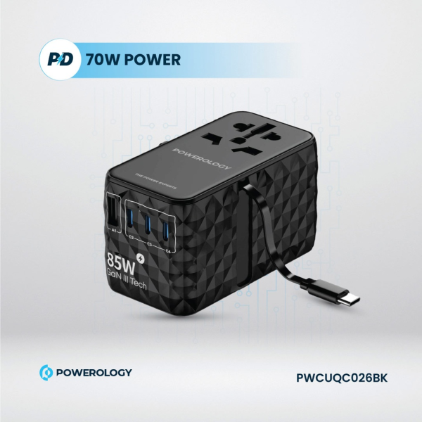 Powerology Universal GaN 85W Charger with Retractable Type-C Cable