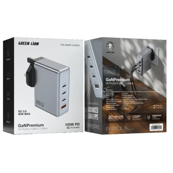 Green Lion GaN Premium UK Plug Wall Charger 100W