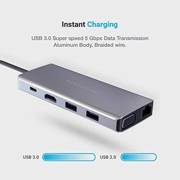 Powerology USB-C Hub 11 in 1 HDMI 4K VGA Ethernet 60W PD