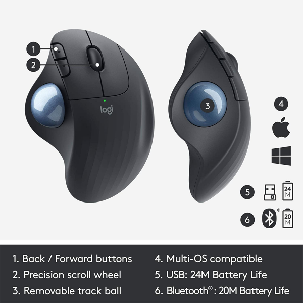 Logitech ERGO M575 Wireless Trackball Mouse with Bluetooth, USB 