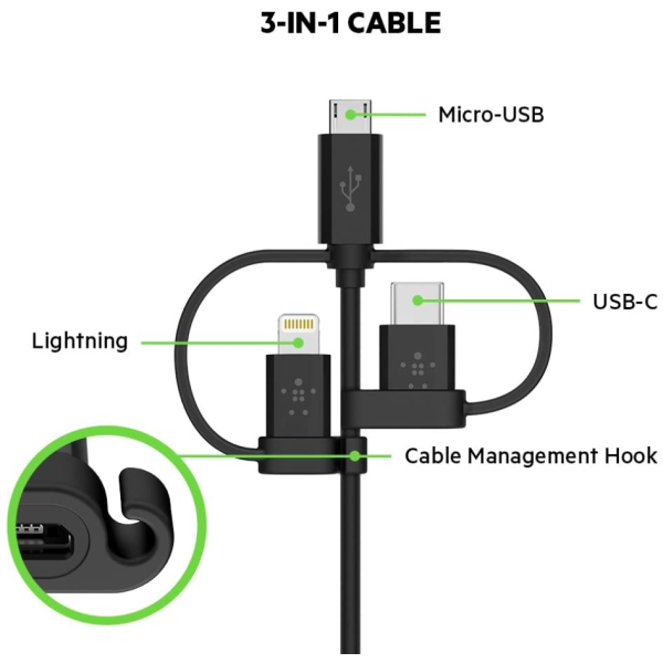 Belkin Universal Cable with Micro-USB, USB-C and Lightning Connectors 