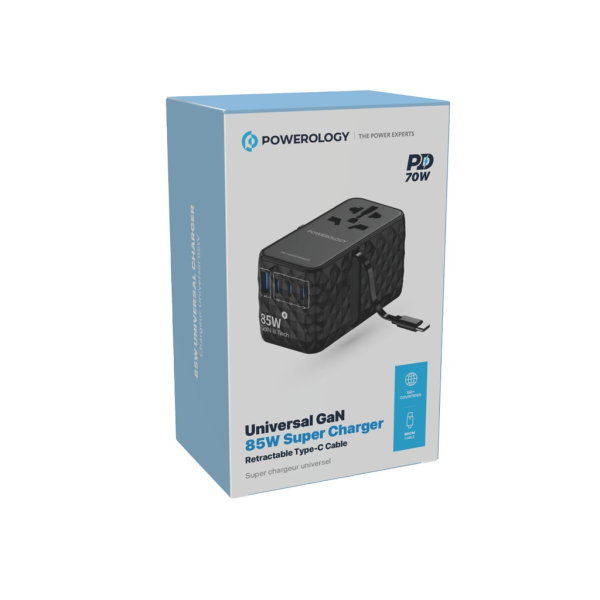 Powerology Universal GaN 85W Charger with Retractable Type-C Cable