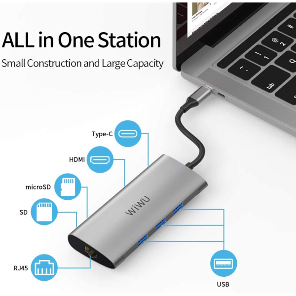 Wiwu Alpha USB C Hub, 8-in-1 USB C Adapter for MacBook & Windows Laptops 