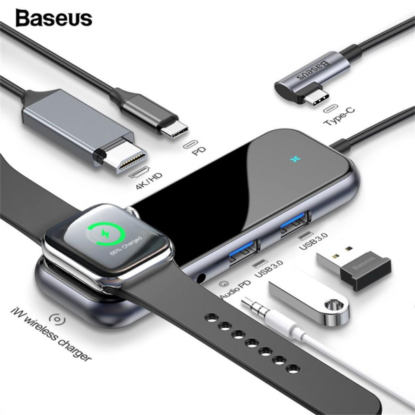 Baseus 6-IN-1 Mirror Multifunctional HUB  (Type-C to 2xUSB 3.0+4K/HD+Audio+PD+iP iWatch Wireless Charger)