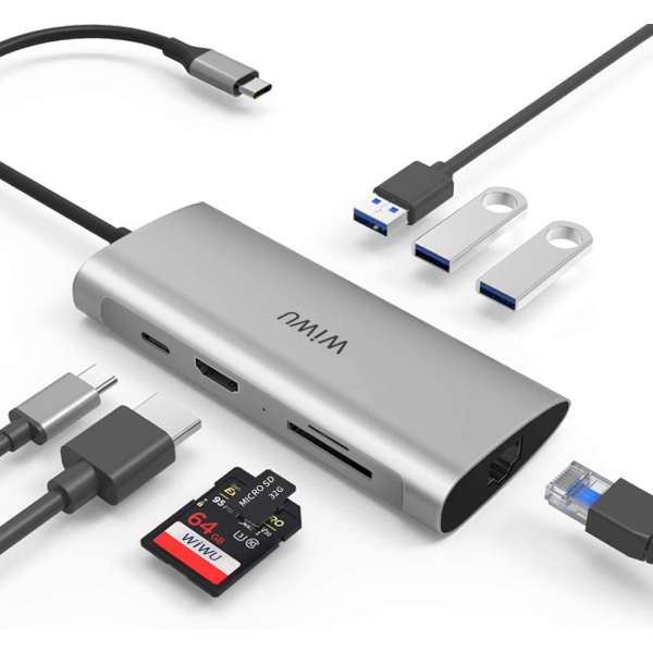 Wiwu Alpha USB C Hub, 8-in-1 USB C Adapter for MacBook & Windows Laptops 