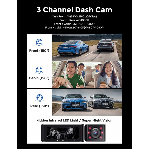 AZDOME M550 Dash Cam - 3 Channel, Built in WiFi GPS, Front, Inside & Rear