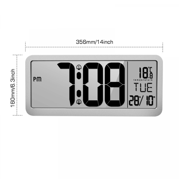 14 Inch LCD Digital Wall Alarm Clock  Large Size with Dual Alarms