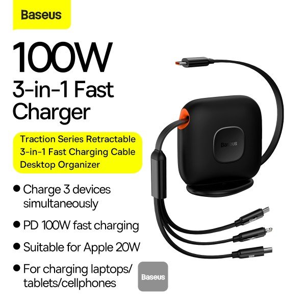 Baseus Traction Series Retractable 3-in-1 Fast Charging Cable 100W