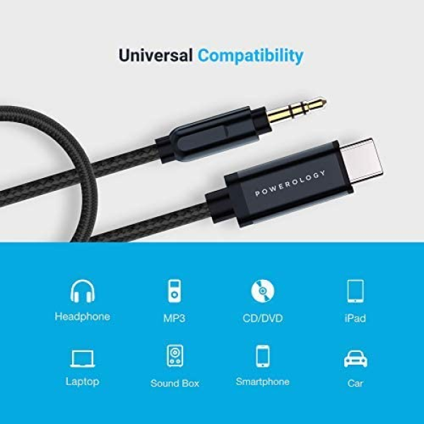 Powerology Aluminum Braided Audio Cable USB-C to 3.5mm AUX 1.2M