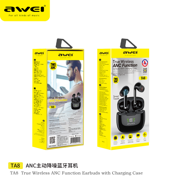 Awei TA8 Bluetooth 5.2 ANC Active Noise Reduction Wireless Bluetooth Earphone 