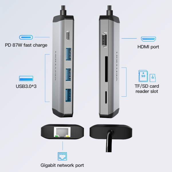 Vention USB Type C to Multi-Function 8 IN 1 Hub / Docking Station 