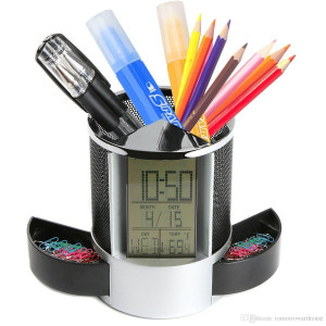 Multi-function LED Digital LCD Screen Temperature display Alarm Clock Pen Holder Case
