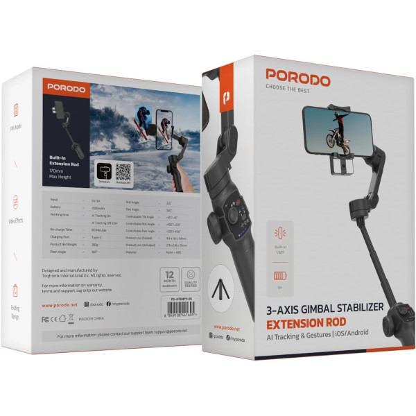 Porodo 3-Axis Gimbal Stabilizer with AI Tracking 