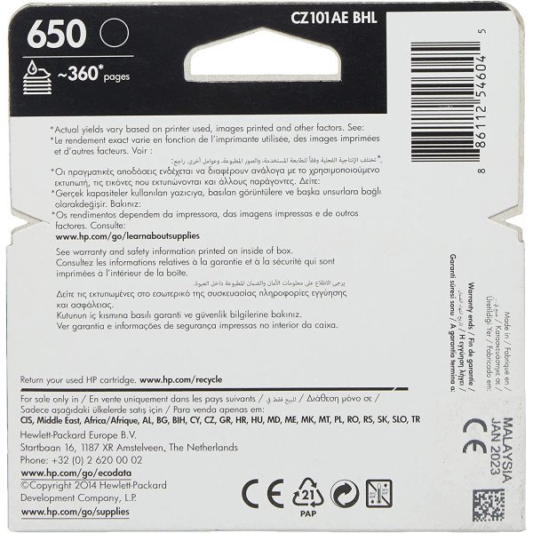 Hp 650 Ink Advantage Cartridge Black - CZ101AK 