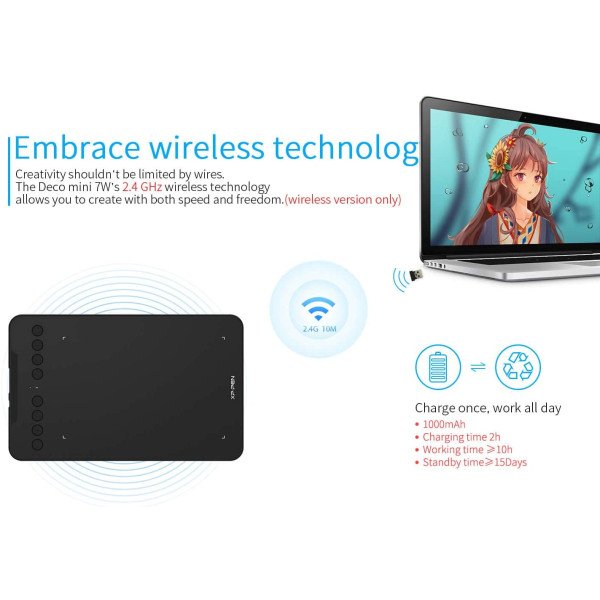 XP-PEN Deco mini7W Wireless Graphic Drawing Tablet 