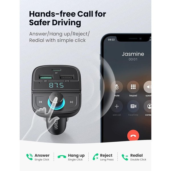 Ugreen 31.5W 3-Port Car Charger with Bluetooth 5.0 FM Transmitter