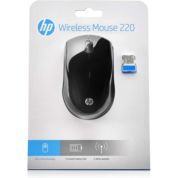HP 220 Black 2.4 GHz USB Wireless Mouse with Blue LED 1300 DPI Optical Sensor