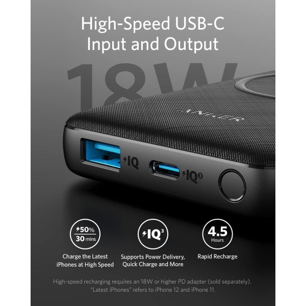 Anker PowerCore III Sense 10K Wireless & PD Power Bank – Black Fabric