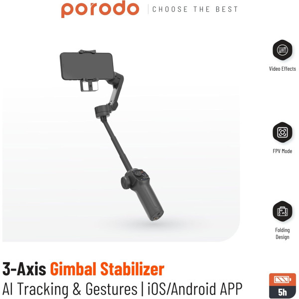 Porodo 3-Axis Gimbal Stabilizer with AI Tracking 