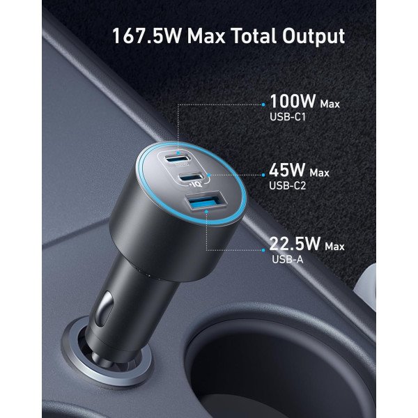 Anker Car Charger (167.5W, 3 Ports, with 3.3ft USB-C to USB-C Cable)