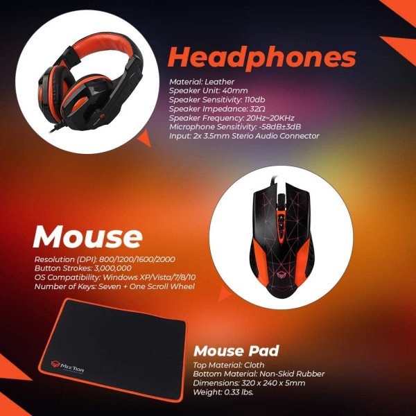 MEETION C500 4in1 PC Gaming Kit, Keyboard, Mouse, Headphone & Mouse Pad 