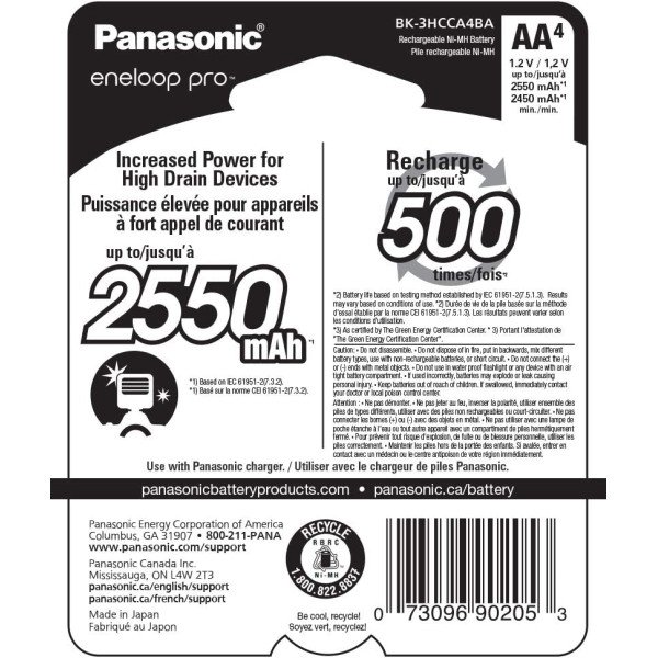 Panasonic eneloop pro AA Rechargeable NiMH Batteries (1.2V, 2550mAh, 4-Pack)