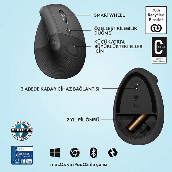 Logitech Lift Vertical Ergonomic Bluetooth Mouse