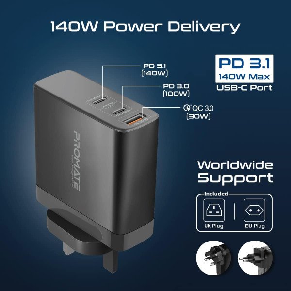 Promate GaNCharge-140W 140W Power Delivery 3.1 GaN Charger
