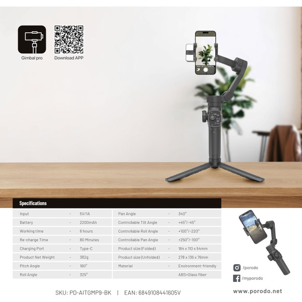 Porodo 3-Axis Gimbal Stabilizer with AI Tracking 