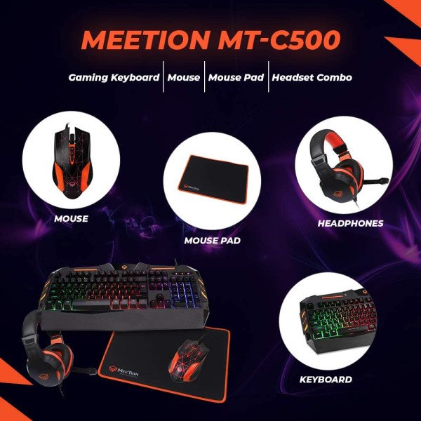 MEETION C500 4in1 PC Gaming Kit, Keyboard, Mouse, Headphone & Mouse Pad 