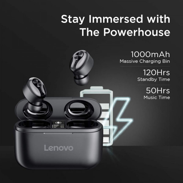 Lenovo HT18 True Wireless Stereo Earbuds with Mic & POWERBANK (Black) 