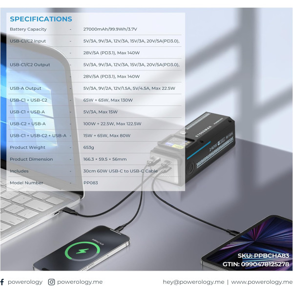 Powerology 27000mAh Smart Display Power Bank 140W