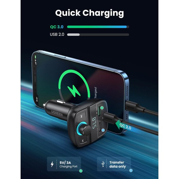 Ugreen 31.5W 3-Port Car Charger with Bluetooth 5.0 FM Transmitter