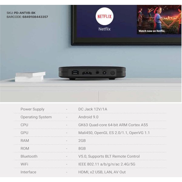 Porodo Android TV Box 1080P 2GB RAM 8GB ROM