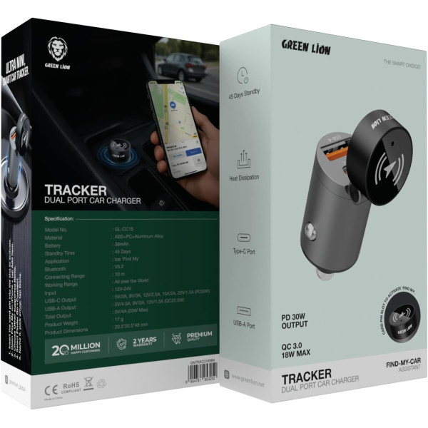 Green Lion Tracker Dual Port Car Charger 30W