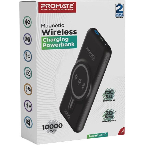 Promate PowerMag-10 10000mAh Magnetic Wireless Powerbank with 20W PD & Quick Charge 3.0
