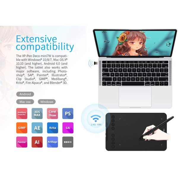 XP-PEN Deco mini7W Wireless Graphic Drawing Tablet 