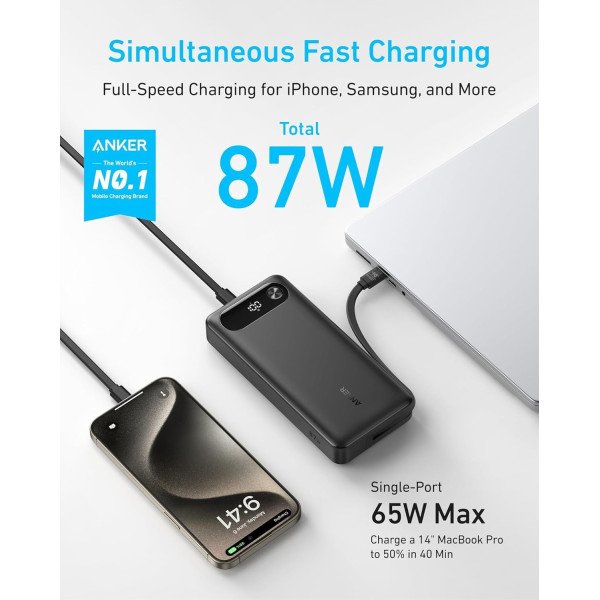 Anker Power Bank 20000mAh 87W with Built-In USB-C Cable